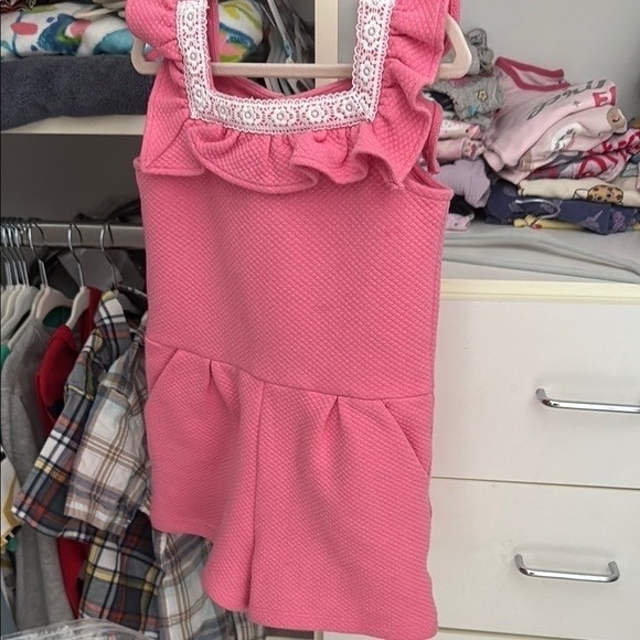 Janie and Jack Pink Textured Romper with Lace Trim - Picture 1 of 3